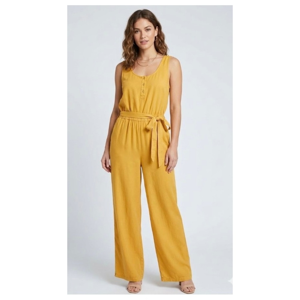 C&C California Mustard Yellow Lyocell Wide Leg Belted Jumpsuit XL NWT